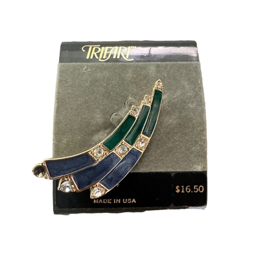 Vintage Trifari Made In USA Green & Blue Enamel Brooch With Rhinestones 4414